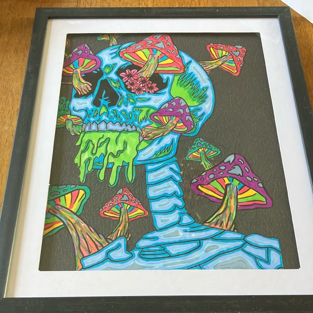 Psychedelic Skull and Mushrooms Mixed Media Art